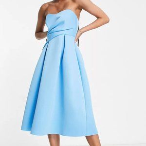 ASOS DESIGN wrap bandeau prom midi dress in blue